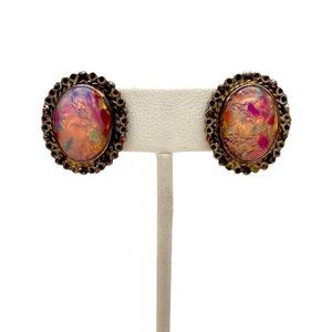 Joy-Mex Vintage Dragons Breath Foil Opal Glass Sterling Silver 925 Clip Earrings